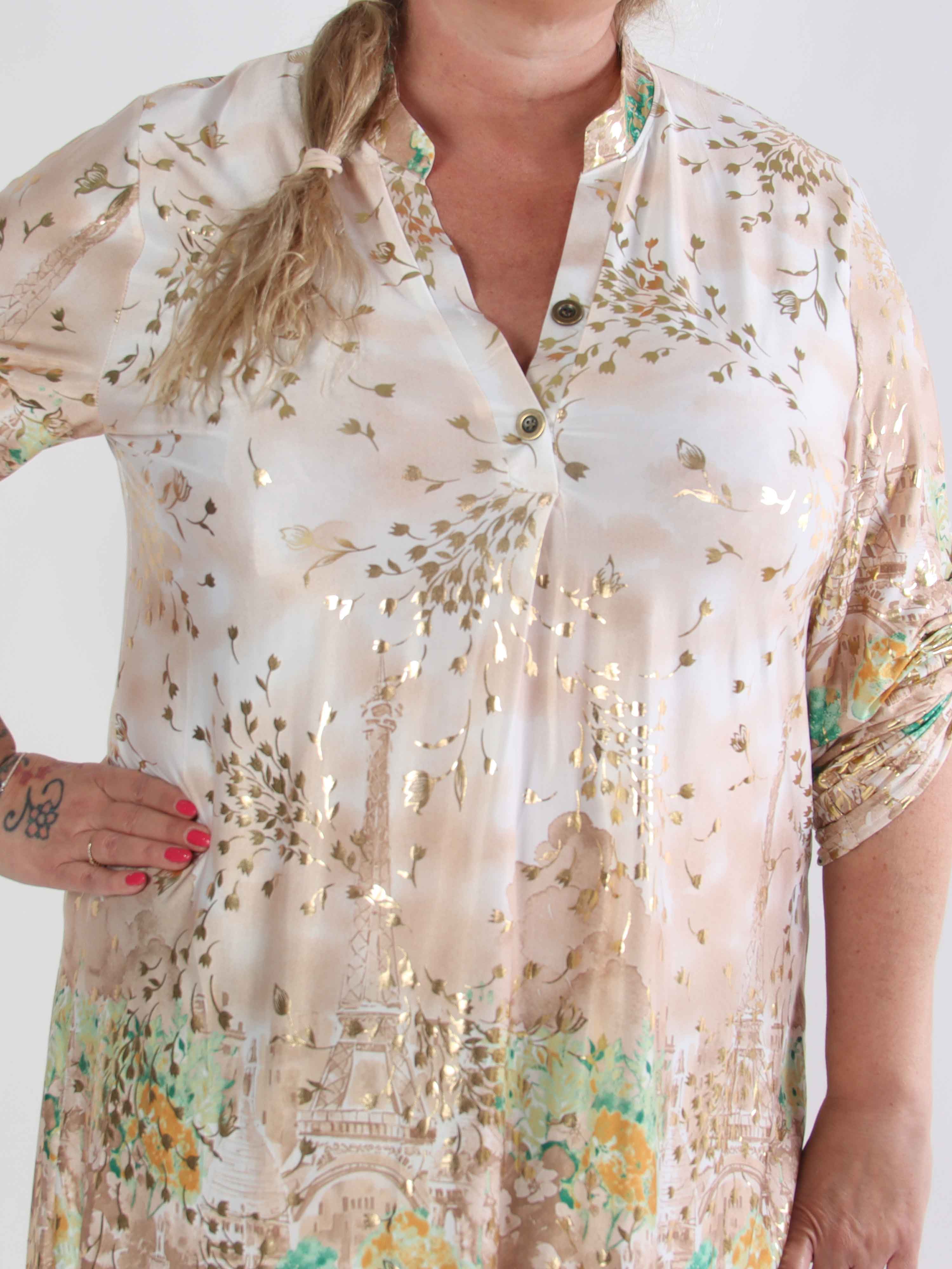 Ebba Paris Long - Elastisk mönstrad plus size klänning med gulddetaljer